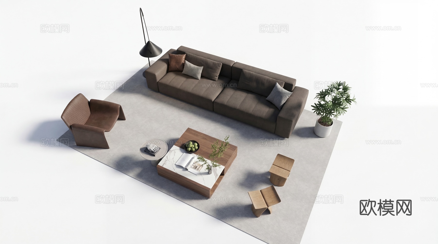 现代意式沙发组合_沙发茶几_客厅沙发_皮质沙发_多人沙发su模型