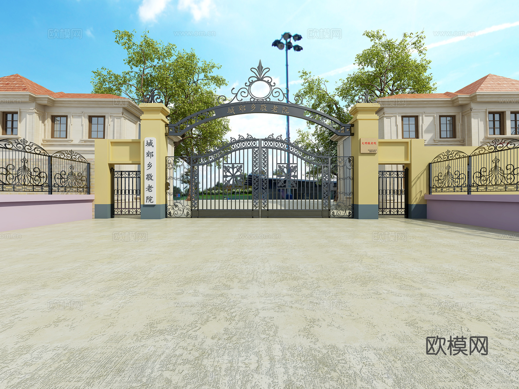 外景门头 敬老院 欧式铁门 铁艺 别墅外观3d模型下载（渲染图1）