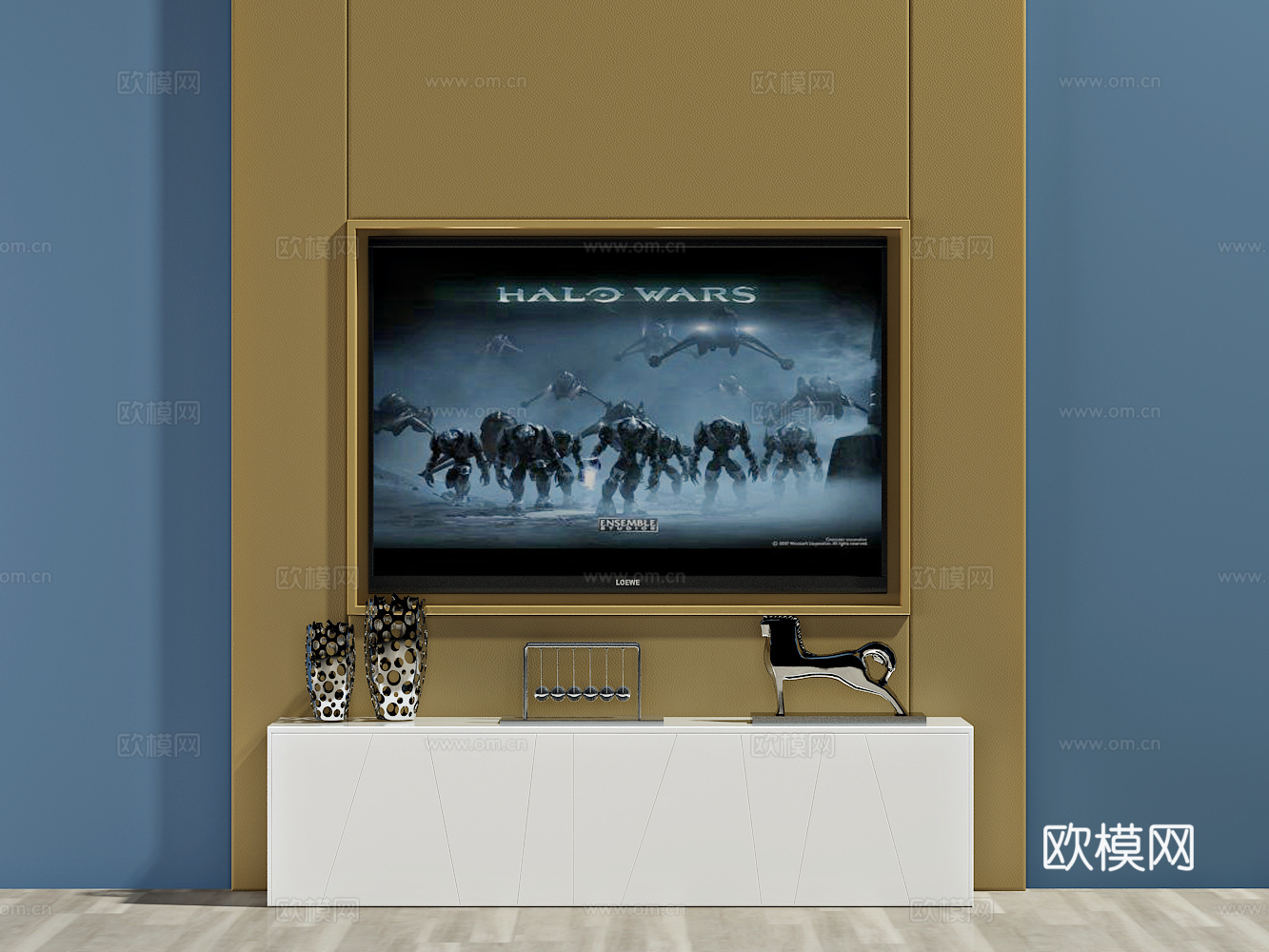 北欧电视柜 电视机 装饰品3d模型下载（渲染图1）