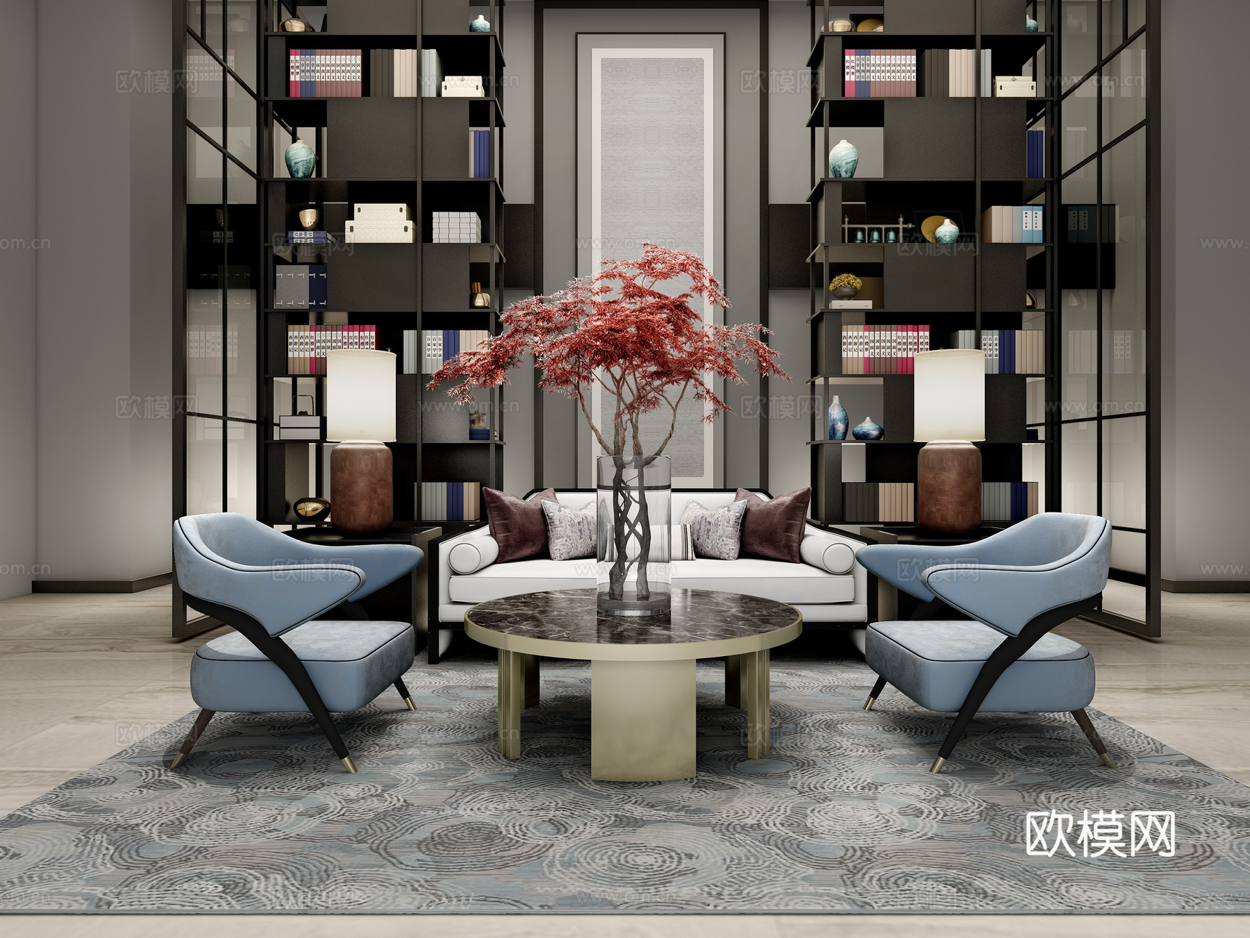 新中式书架 书 摆件 单人沙发椅 沙发 抱枕 树 新中式3d模型下载（渲染图1）