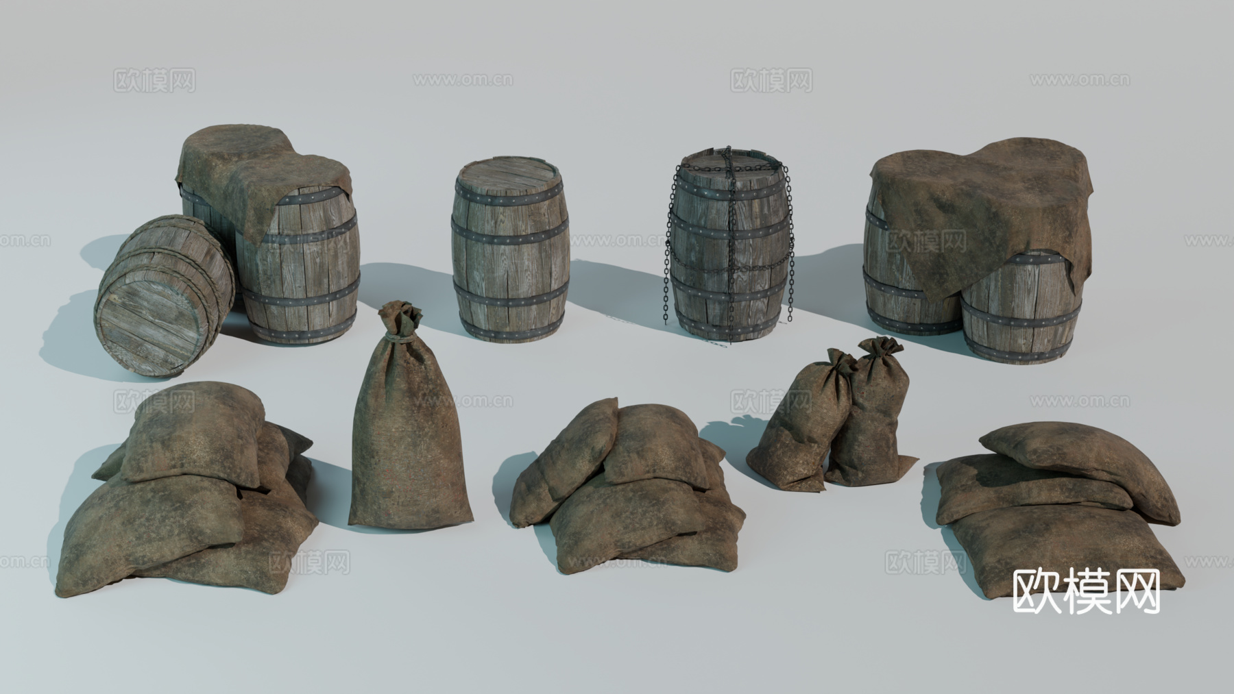 中世纪酒桶 木桶 麻袋 酒桶 货物su模型