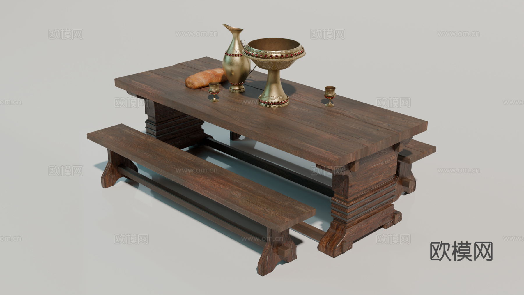 中世纪餐桌 欧式餐桌 长凳餐桌 原木餐桌su模型