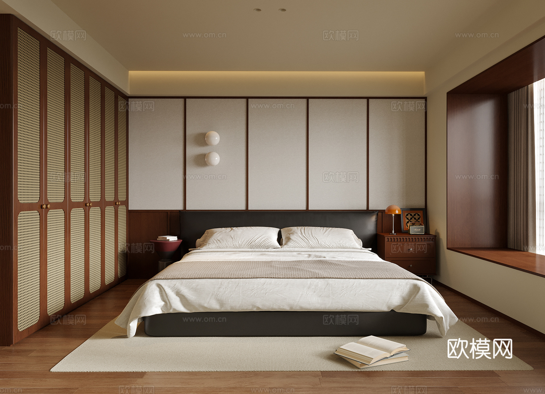 现代卧室 双人床 床头柜su模型