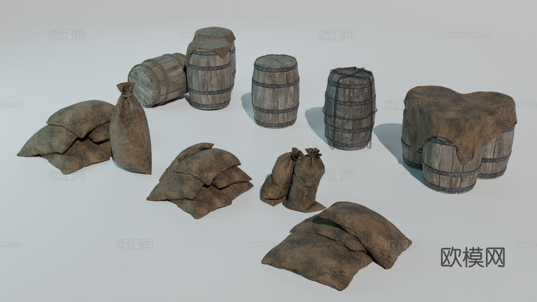 中世纪酒桶 木桶 麻袋 酒桶 货物su模型