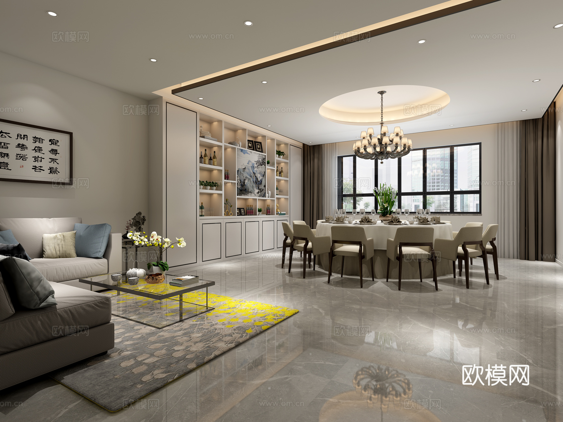 新中式餐厅 电视柜 装饰画 餐桌椅 吊灯 展示柜 沙发 茶几3d模型下载（渲染图1）