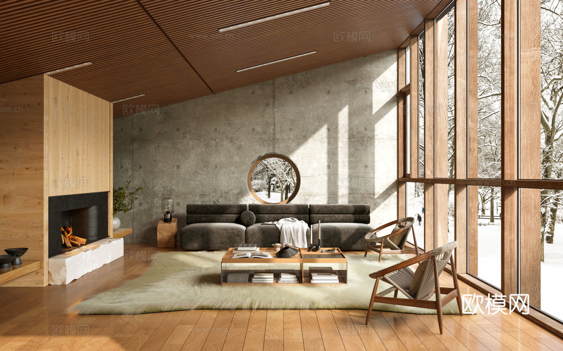 雪地新疆现代原木酒店民宿客厅3d模型下载