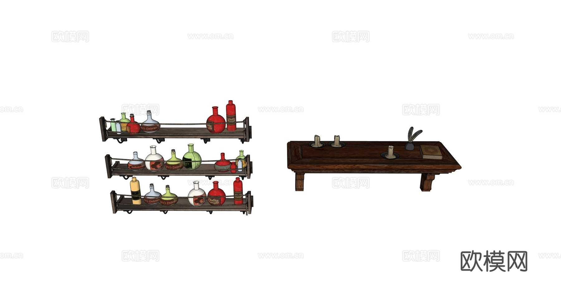 中世纪隔板 墙柜 墙架 多层墙架 药瓶su模型