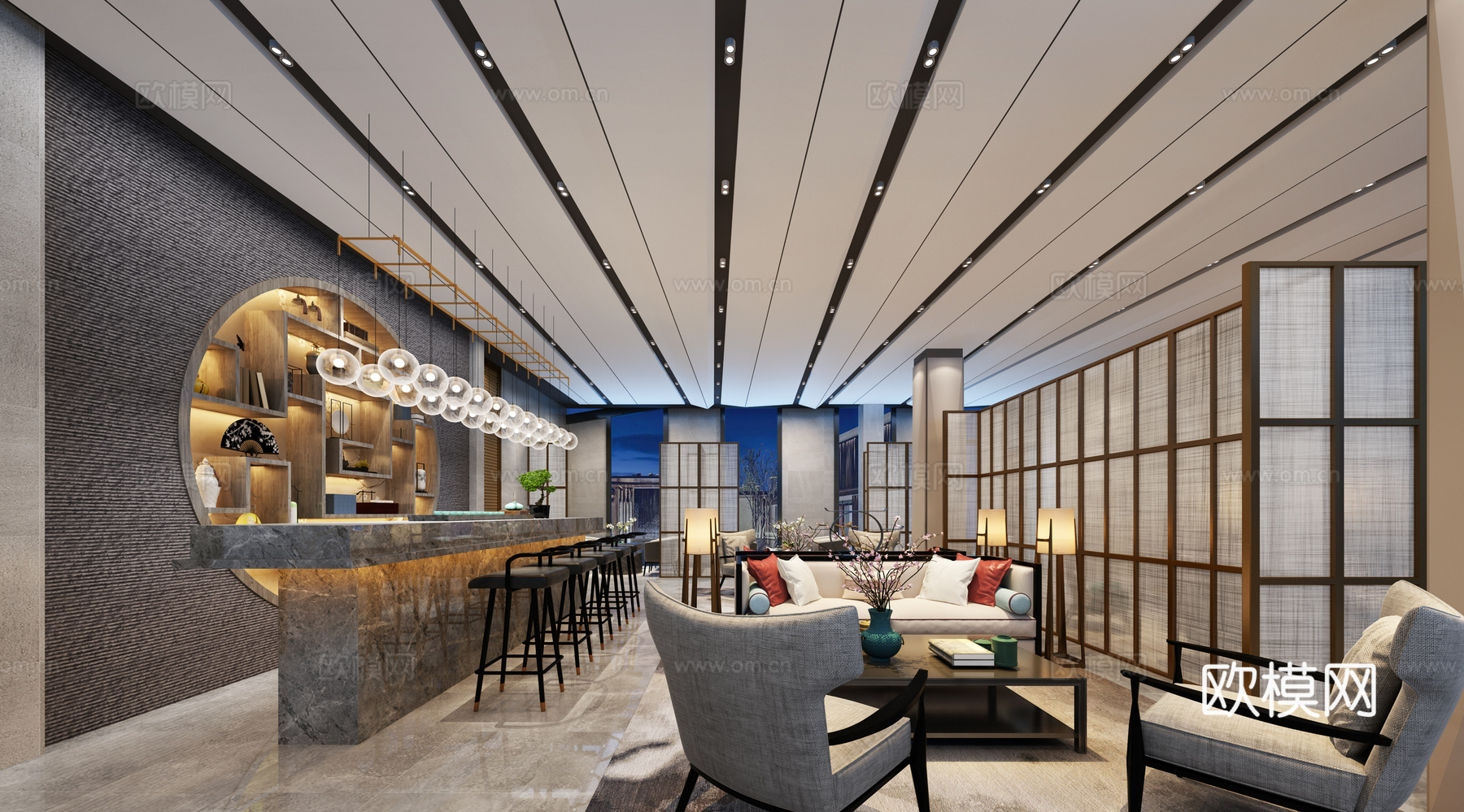 现代休闲吧 沙发茶几组合 吊灯 台灯3d模型下载（渲染图2）