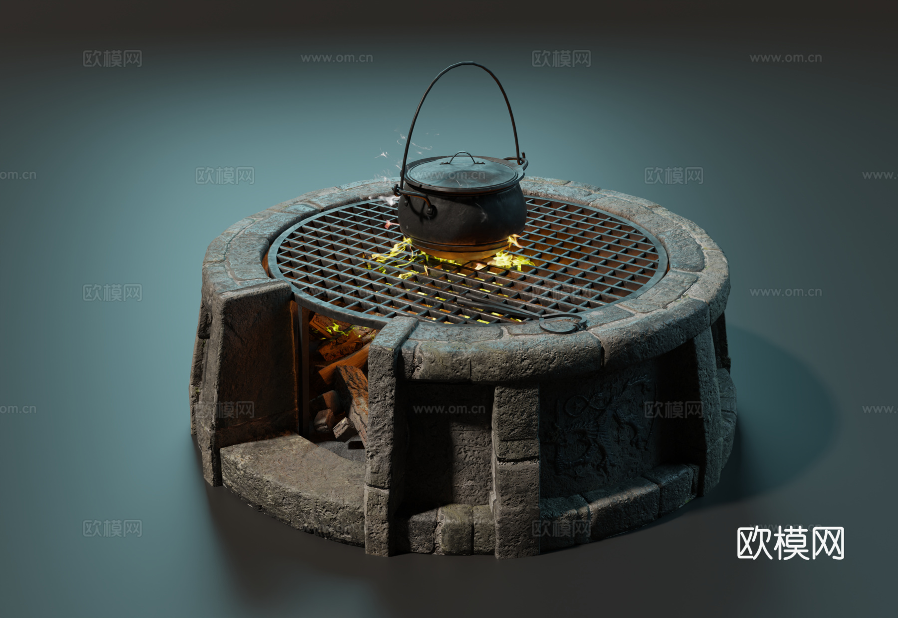 中世纪火炉 复古烤炉 烤架 火堆 石头围炉su模型