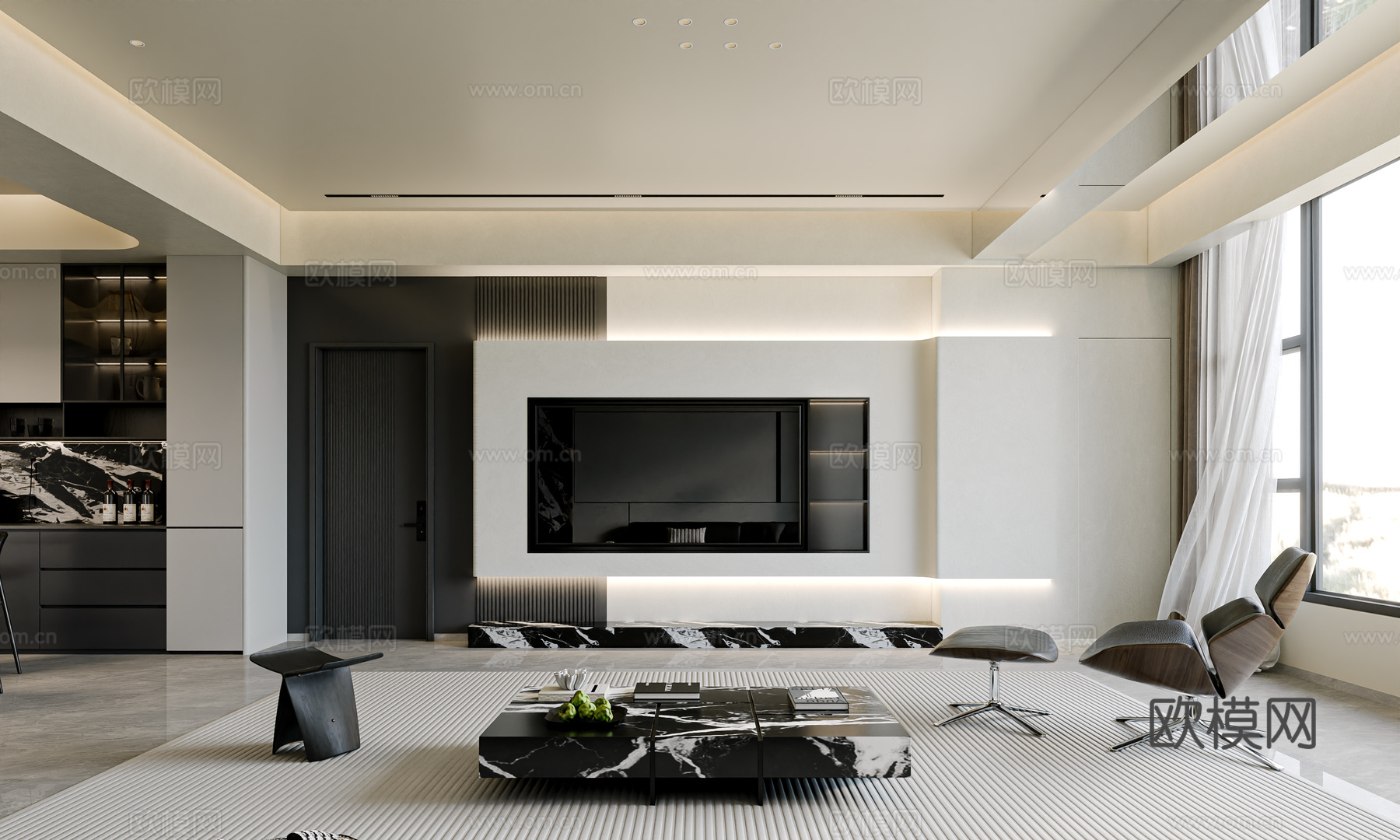 自制现代黑白灰客餐厅3d模型3d模型下载（渲染图1）