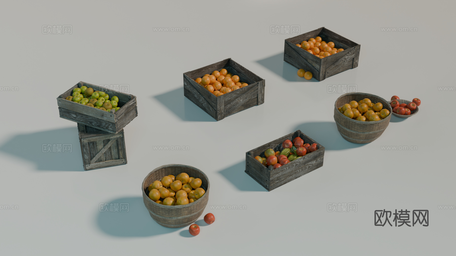 中世纪水果摊位 木箱 筐子 摊位 水果su模型