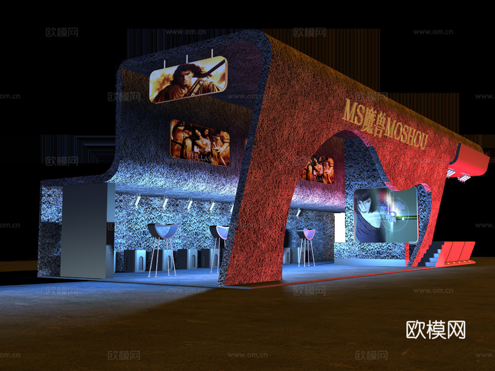 160平游戏软件展览展台 最新施工图 3d模型 效果图合集cad施工图