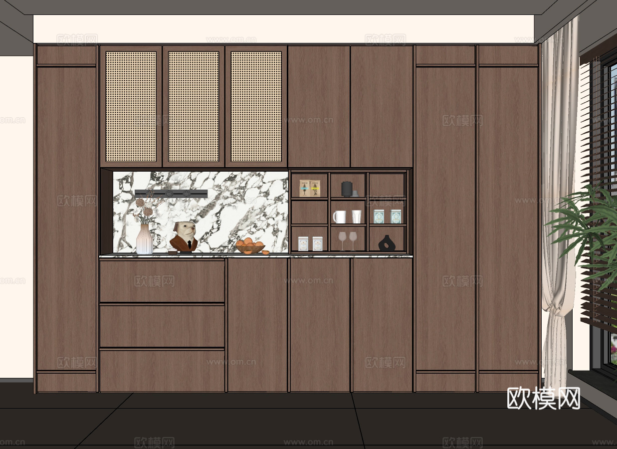 中古风餐边柜 藤编门餐边柜 骨骼线餐边柜 酒柜餐边柜 备餐柜su模型