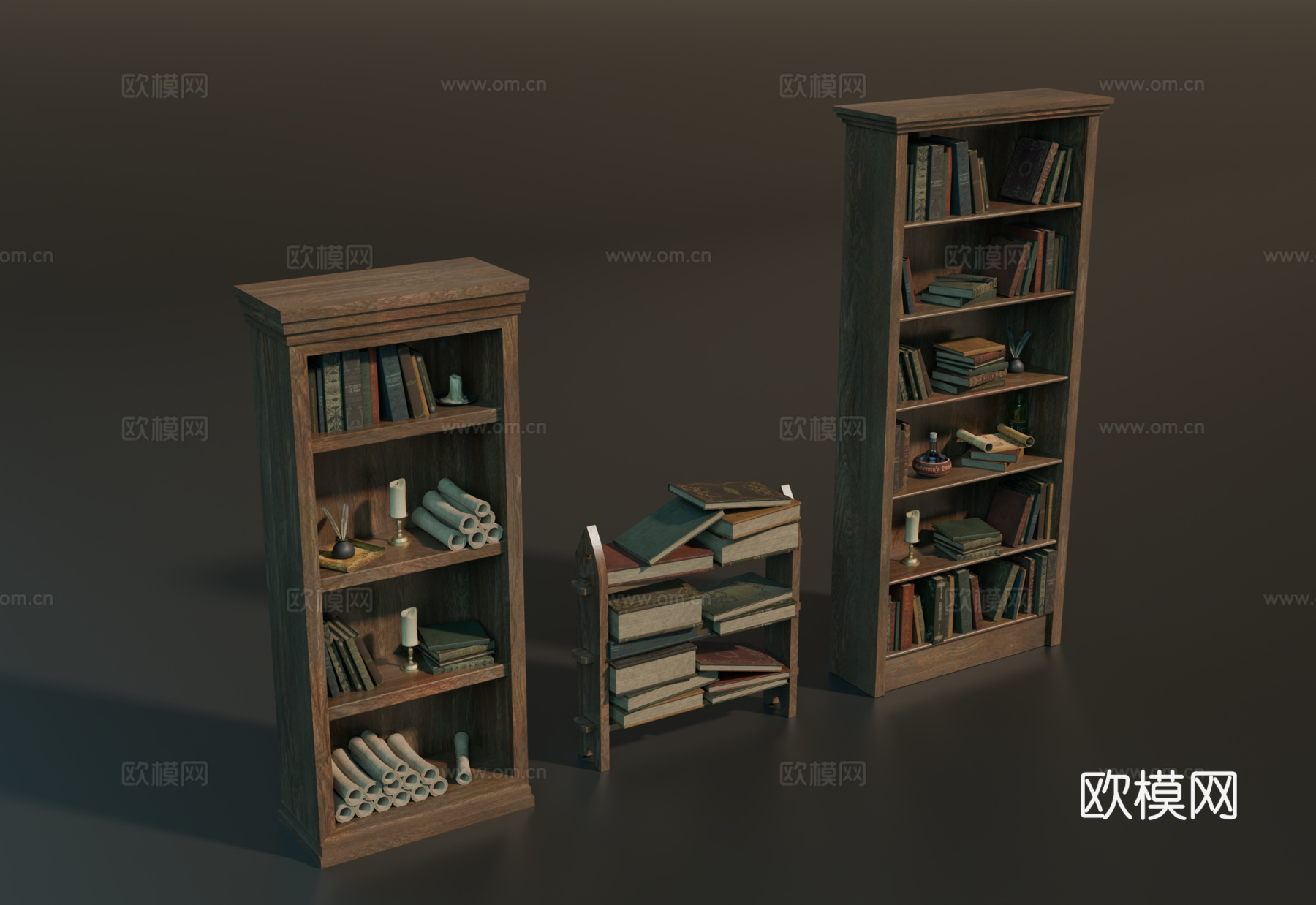 中世纪书柜 欧式书柜 小书柜 复古书籍 卷轴su模型