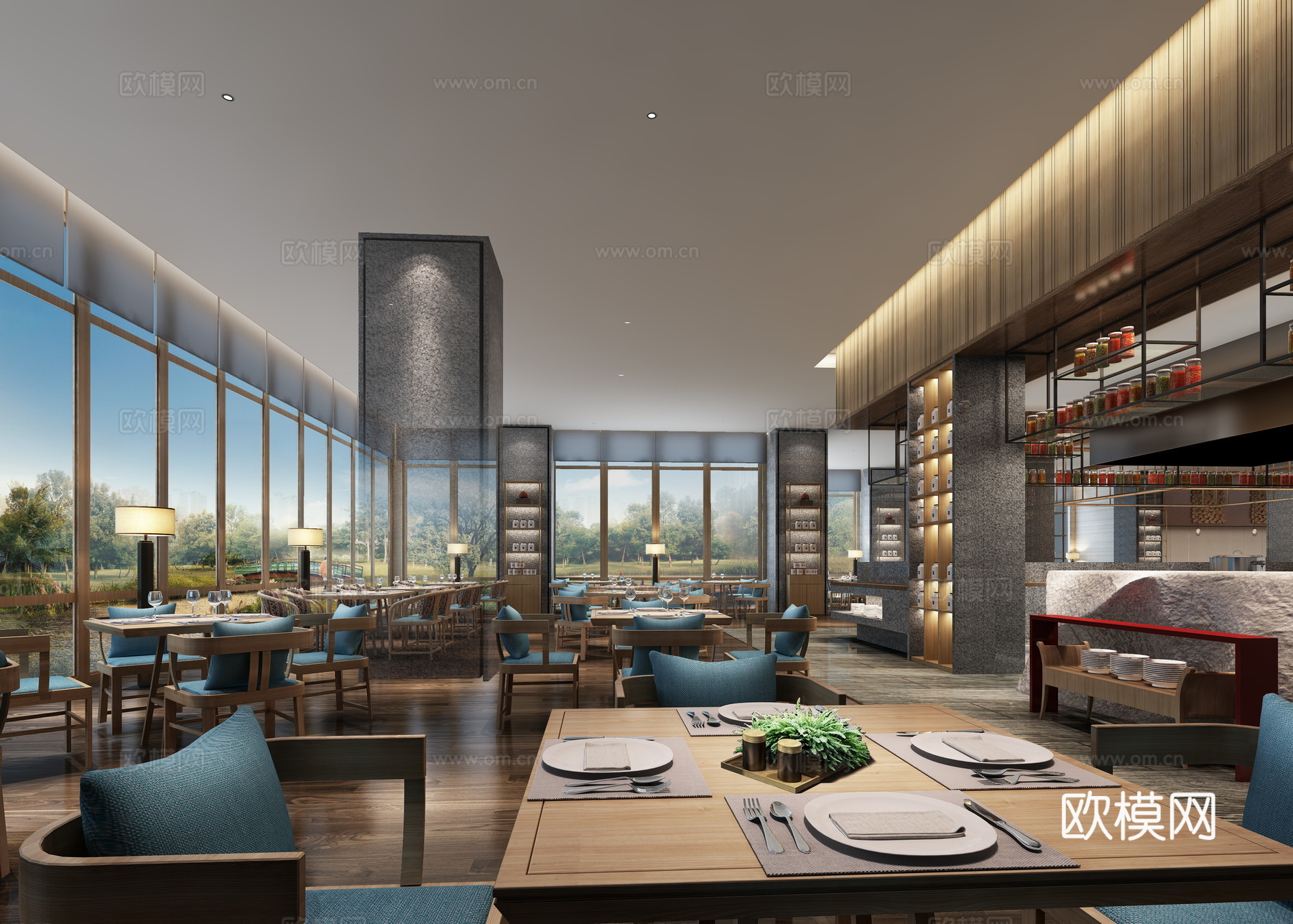 现代自助餐厅 酒店餐厅 卡座 桌椅 吊灯 餐台3D模型下载3d模型下载（渲染图1）