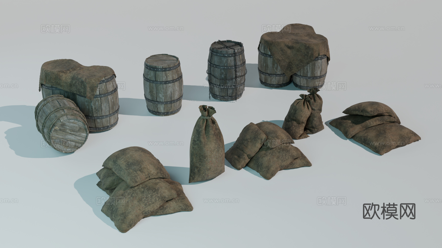 中世纪酒桶 木桶 麻袋 酒桶 货物su模型