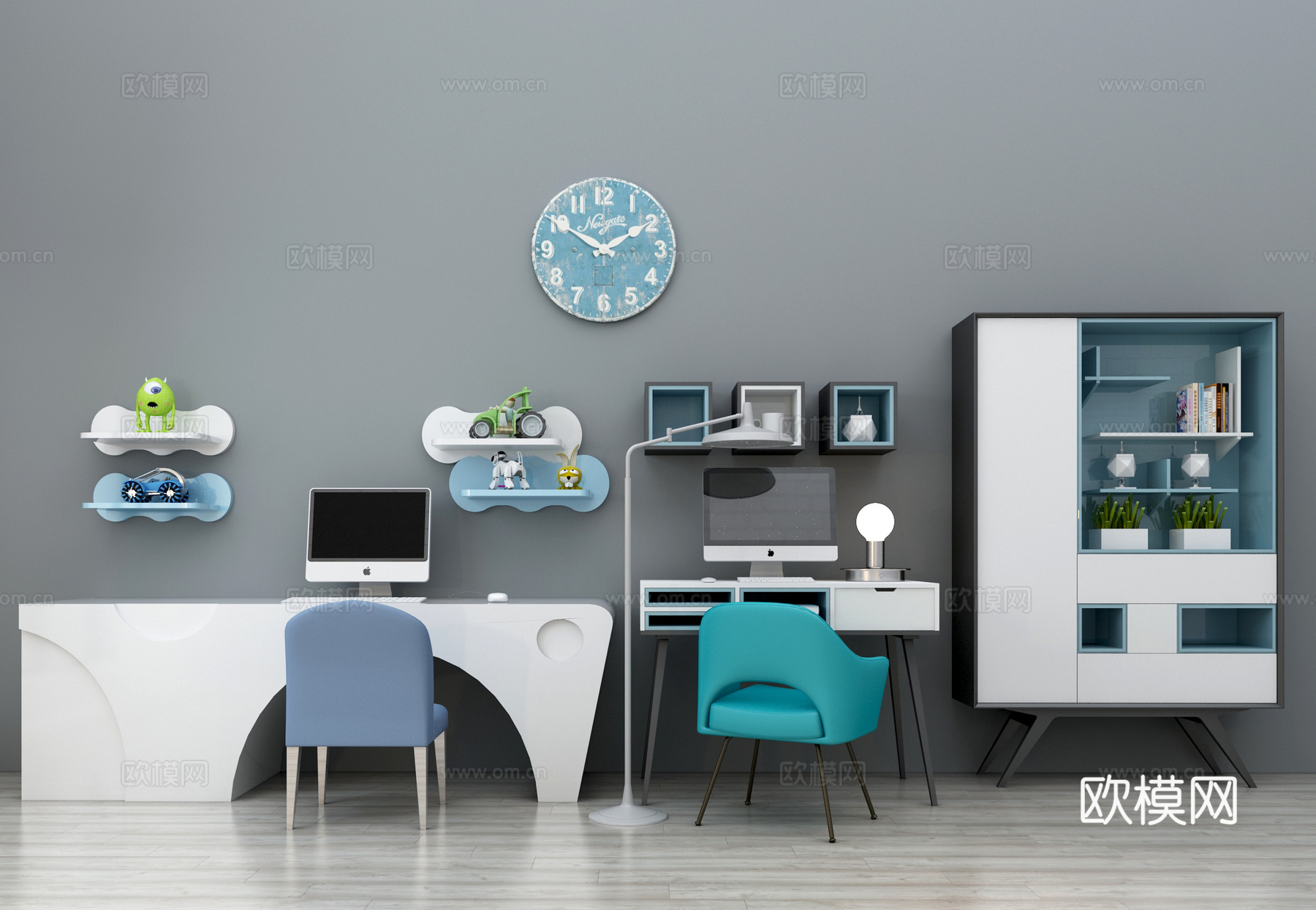 现代书桌椅 儿童书桌椅 书桌 原木书桌 个性书桌 整体书3d模型下载（渲染图2）