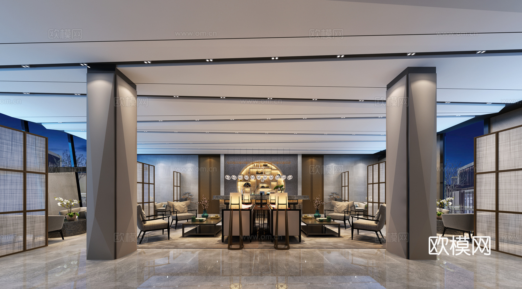 现代休闲吧 沙发茶几组合 吊灯 台灯3d模型下载（渲染图1）