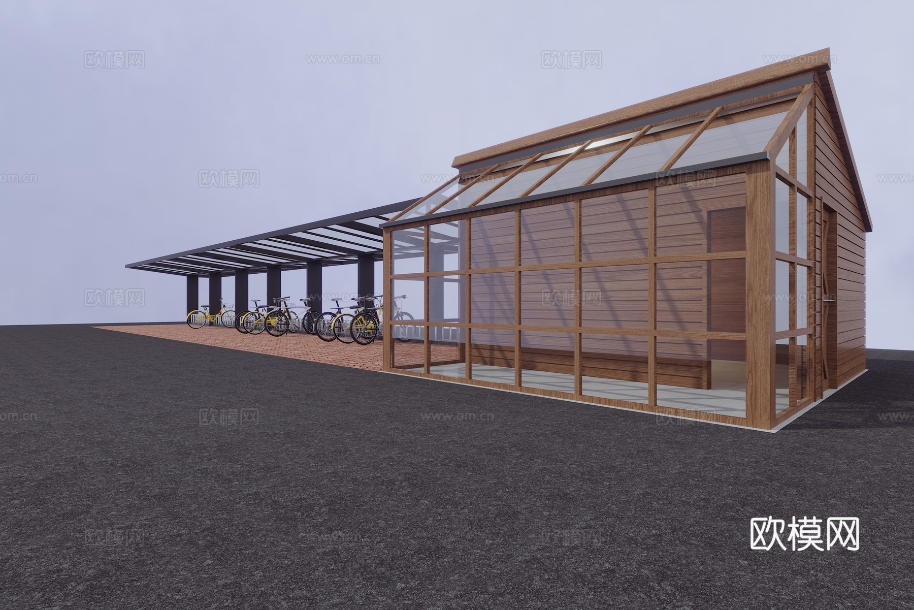 现代室外自行车车库车棚3d模型下载（渲染图2）