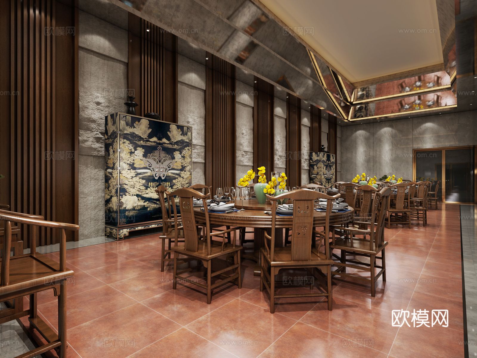 新中式餐厅包间 餐桌椅 边柜3d模型下载（渲染图1）