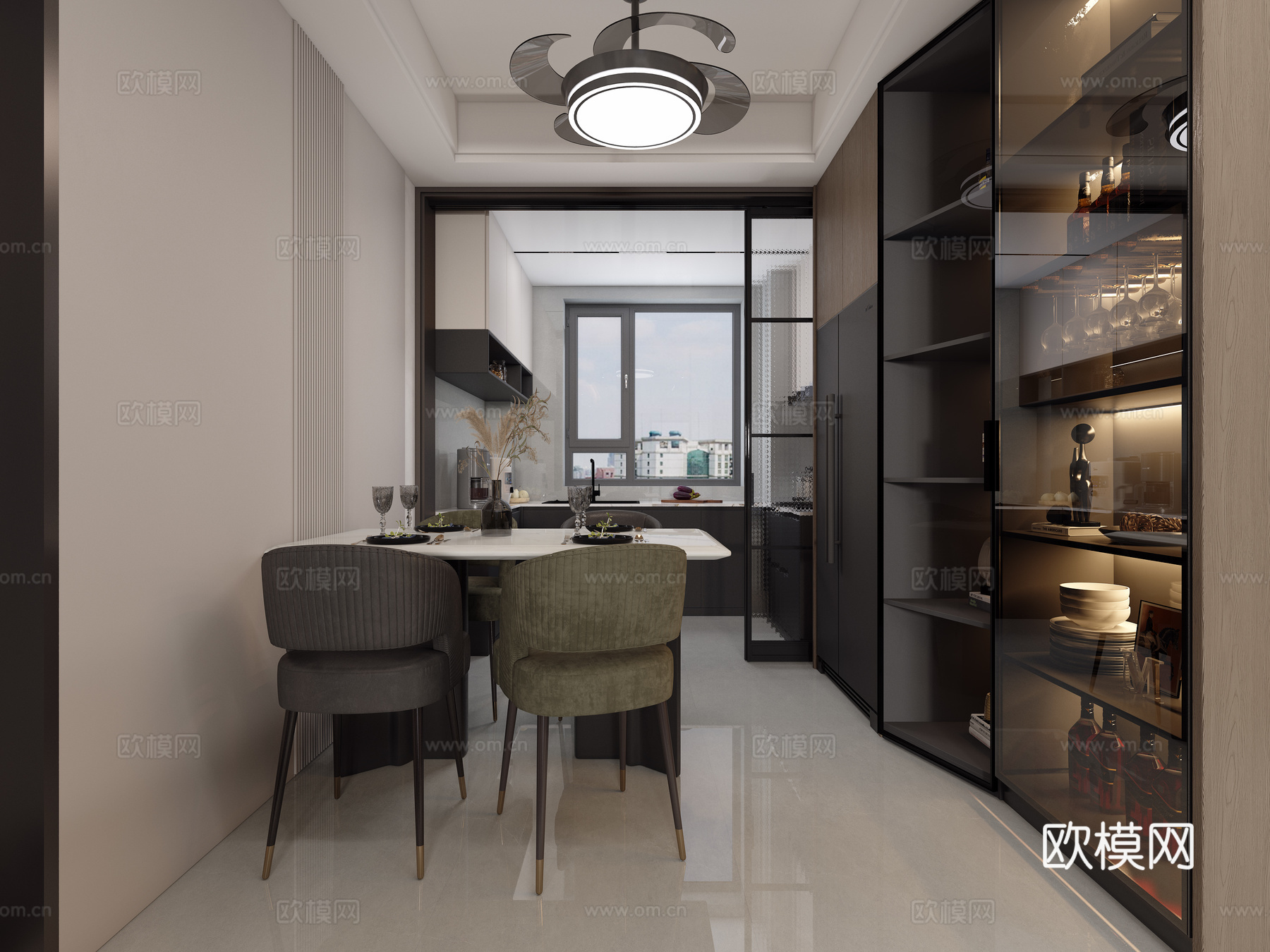 现代客餐厅 影视墙 背景墙 厨房 餐厅酒柜 餐边柜3d模型