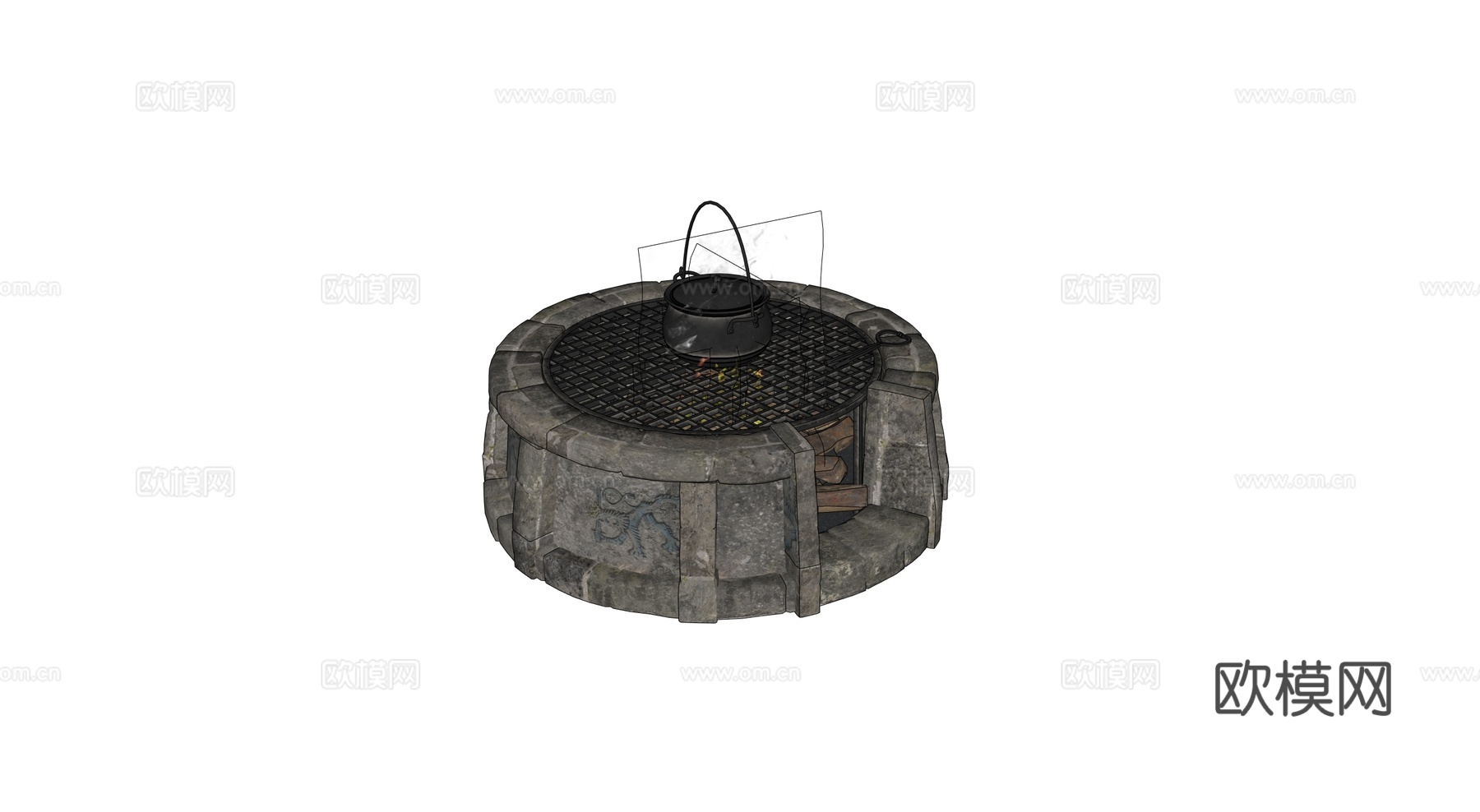中世纪火炉 复古烤炉 烤架 火堆 石头围炉su模型