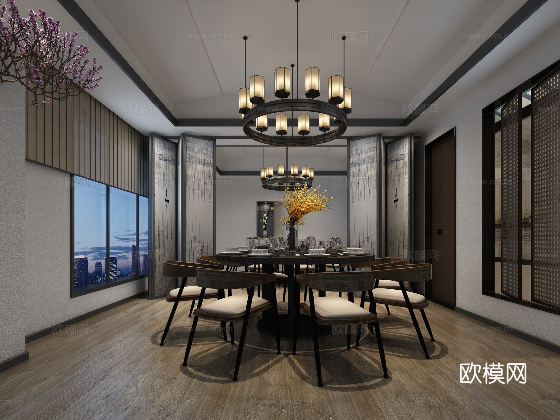 新中式餐厅 落地灯 沙发 椅子 隔断 竹子 地灯 吊灯 瓦片3d模型下载（渲染图3）