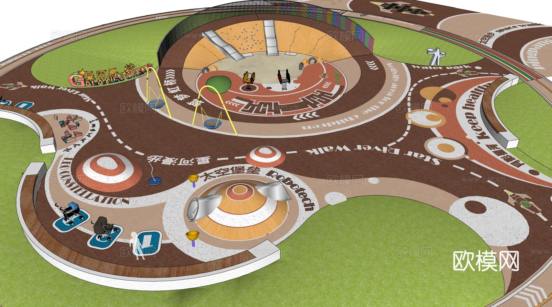 现代户外儿童游乐区 户外儿童游乐场 儿童塑胶场地su模型