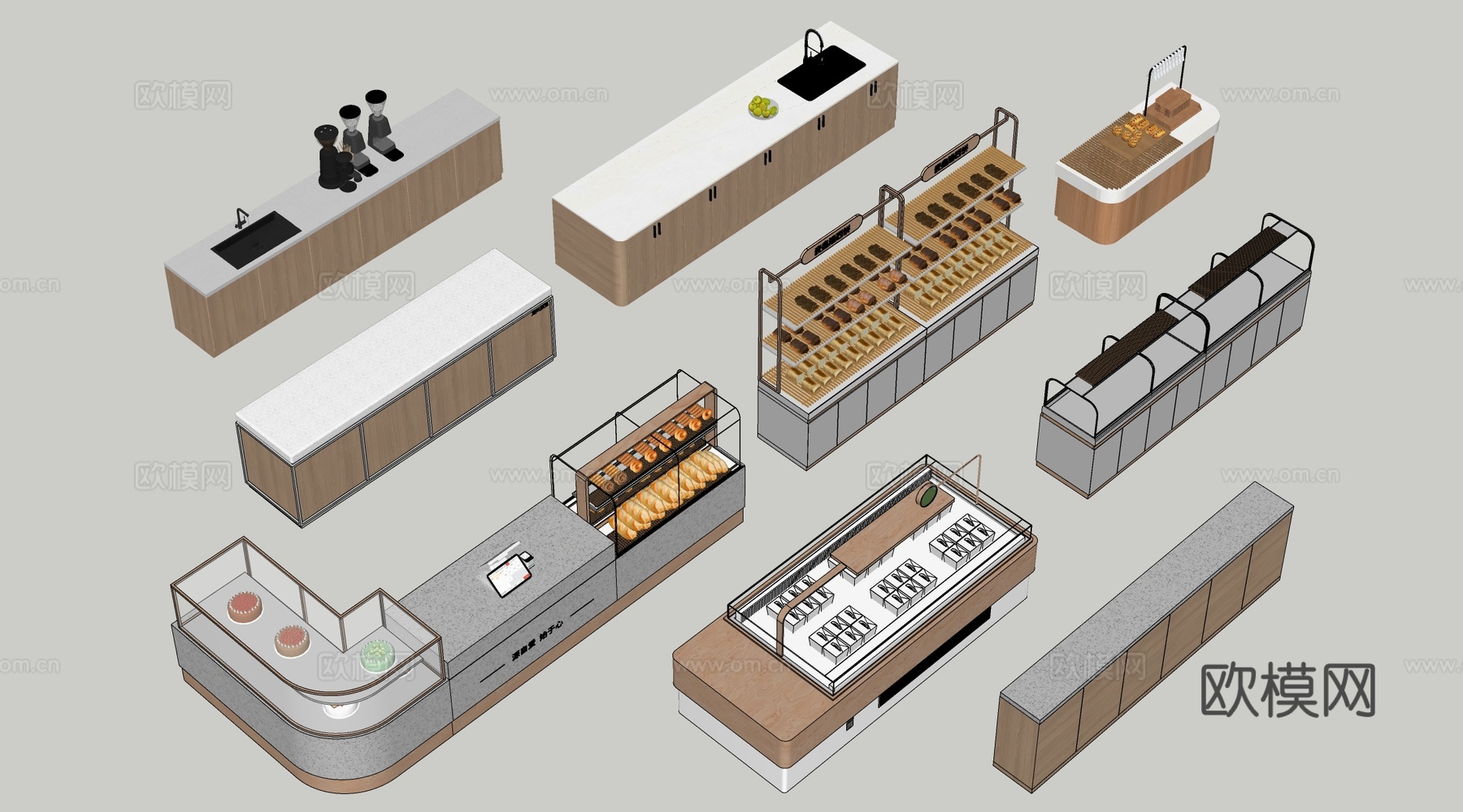 现代咖啡吧台 甜品店货架 收银台 服务台su模型