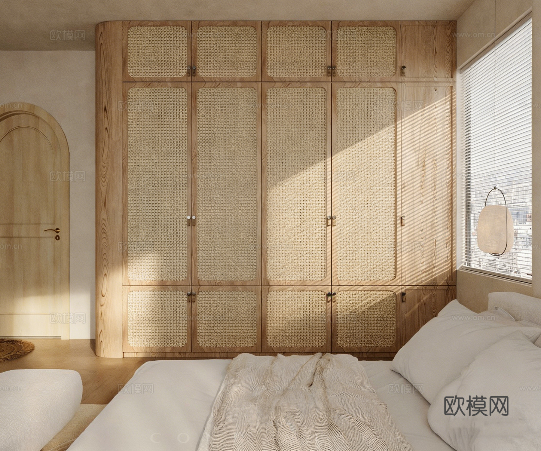 原木奶油风卧室套房 民宿客房 单身公寓 藤编衣柜 软包床 壁3d模型下载（渲染图8）