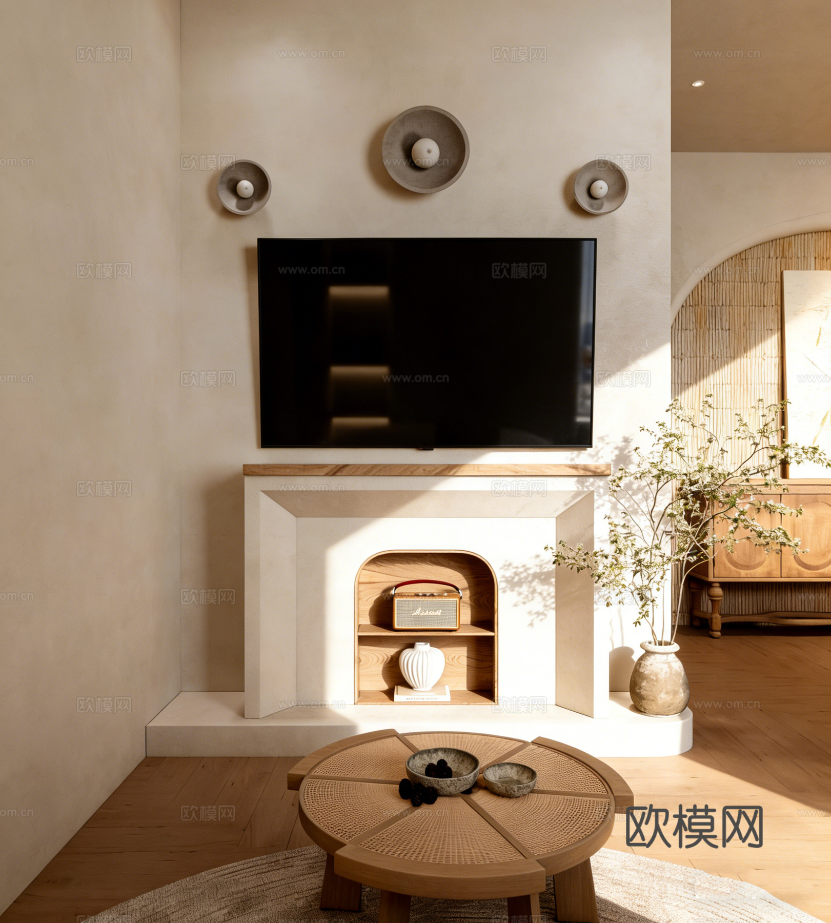 原木奶油风卧室套房 民宿客房 单身公寓 藤编衣柜 软包床 壁3d模型下载（渲染图5）