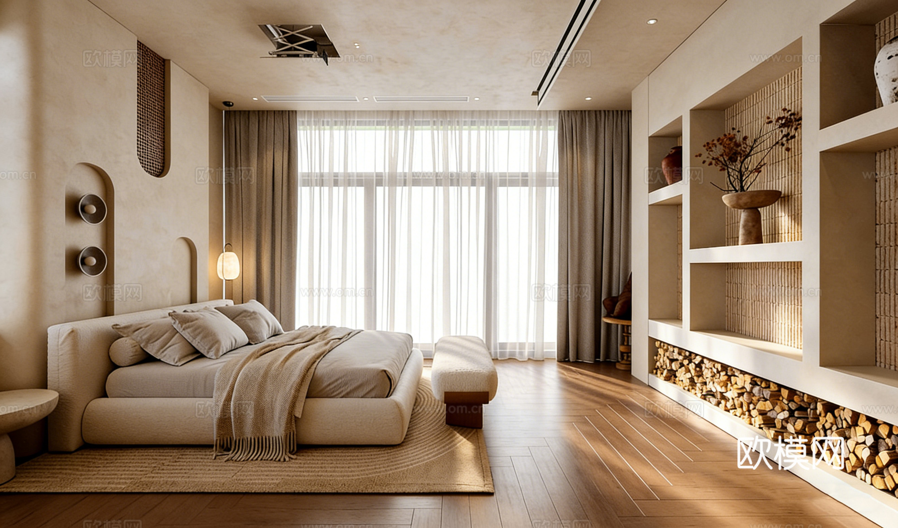 原木奶油风卧室套房 民宿客房 单身公寓 藤编衣柜 软包床 壁3d模型下载（渲染图1）