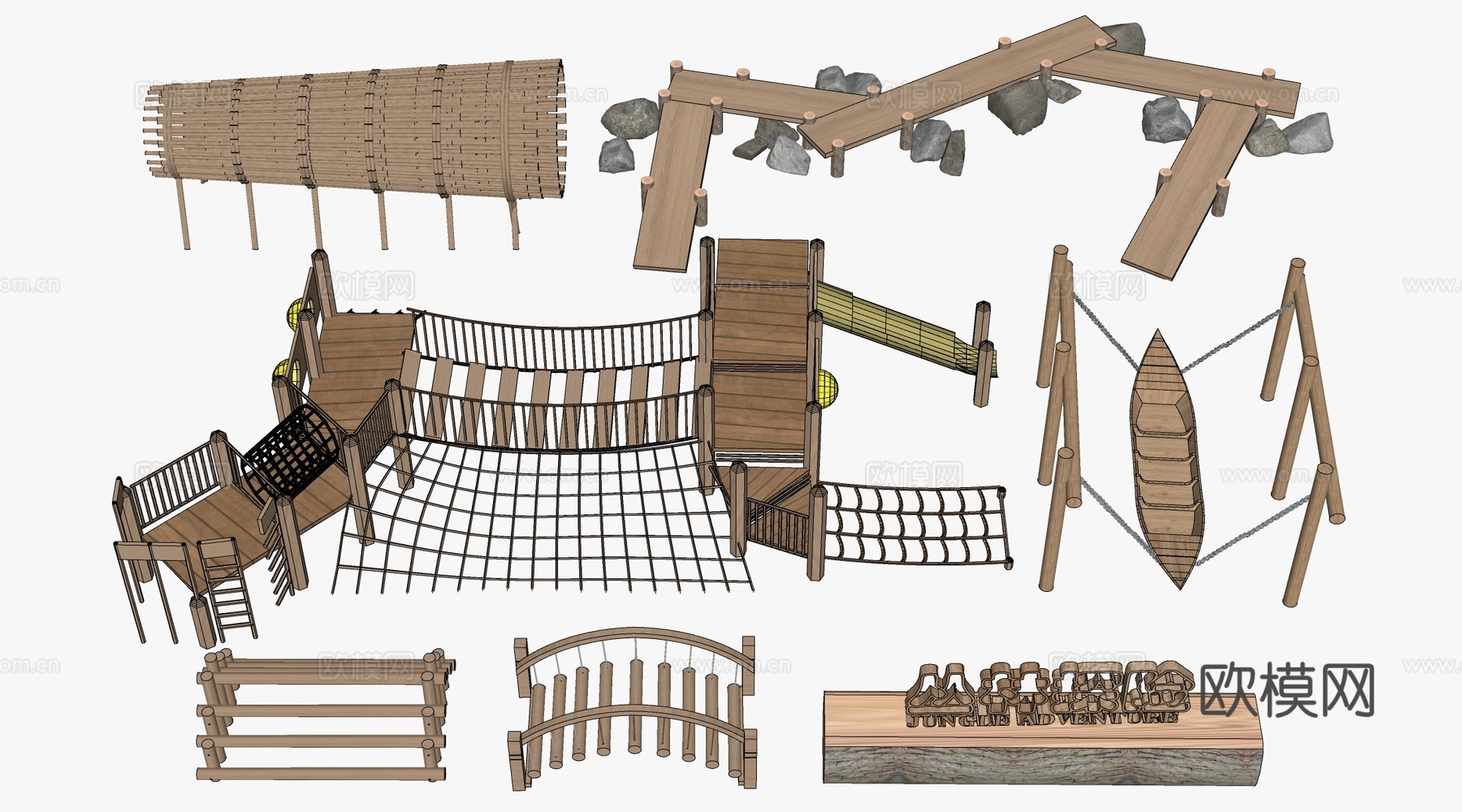 现代户外儿童游乐设施 无动力游乐设施 乡村研学游乐设施su模型