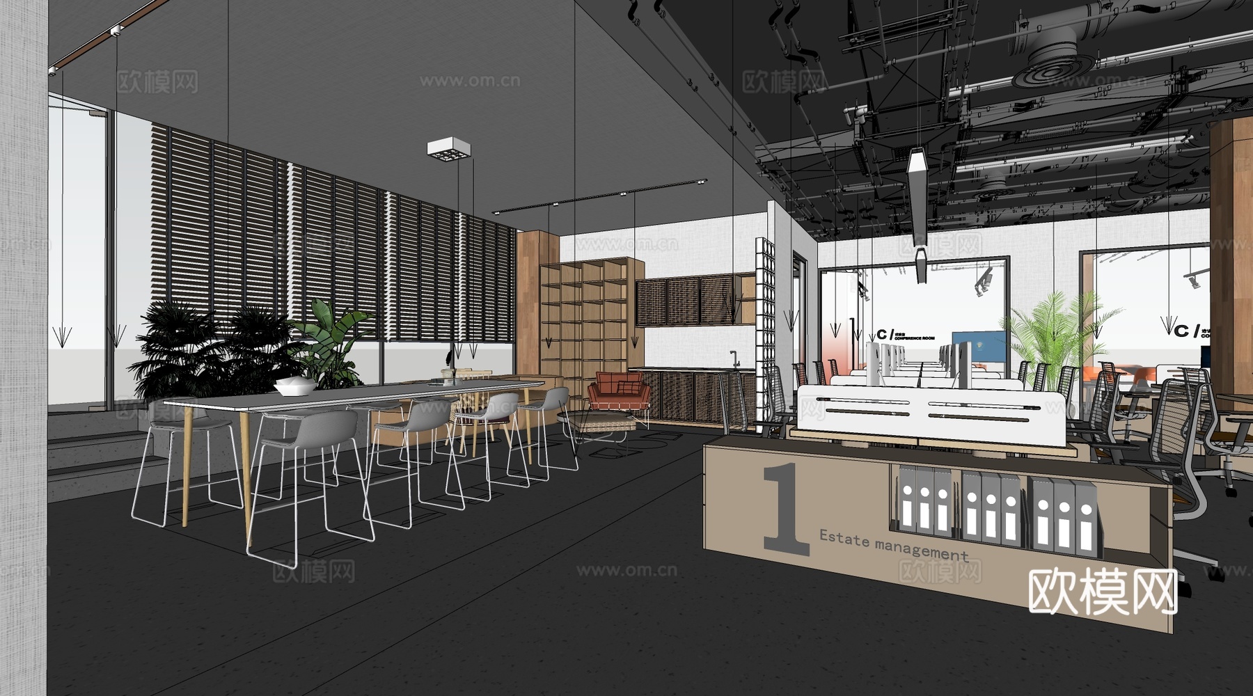现代公司会议区 讨论区 茶水区 公共办公区su模型