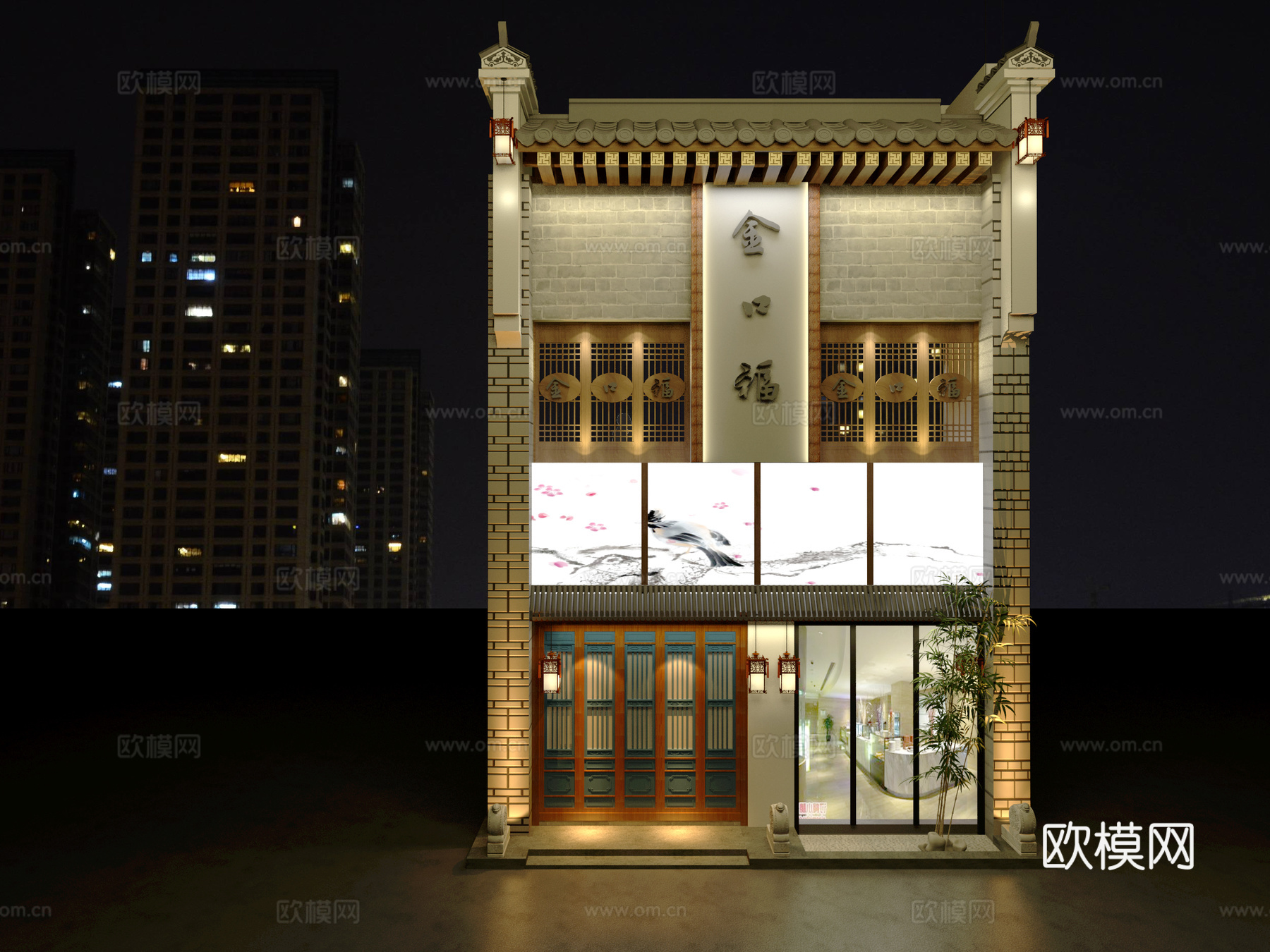 中式门头 夜景3d模型下载（渲染图1）