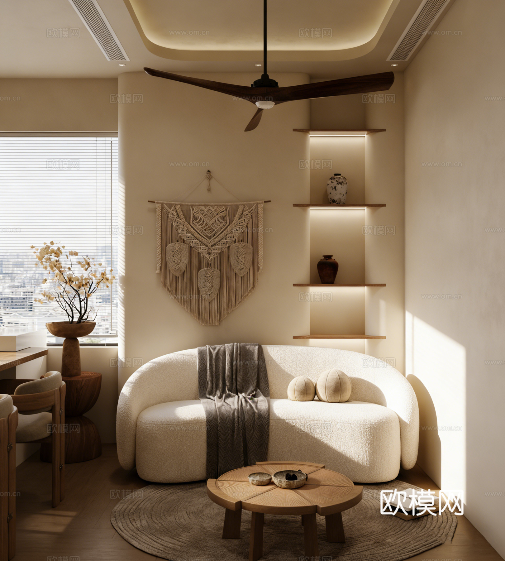 原木奶油风卧室套房 民宿客房 单身公寓 藤编衣柜 软包床 壁3d模型下载（渲染图4）