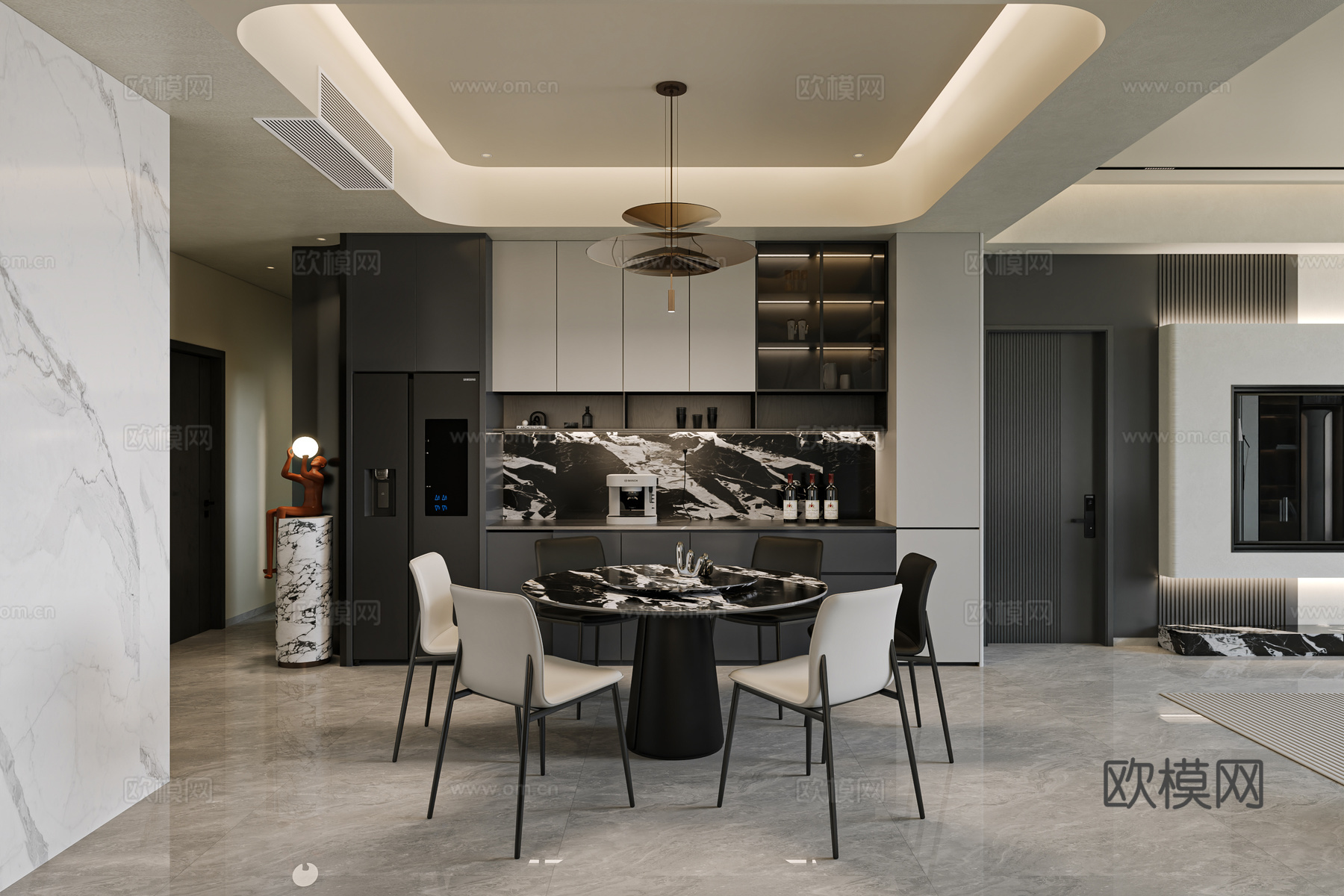 自制现代黑白灰客餐厅3d模型3d模型下载（渲染图4）