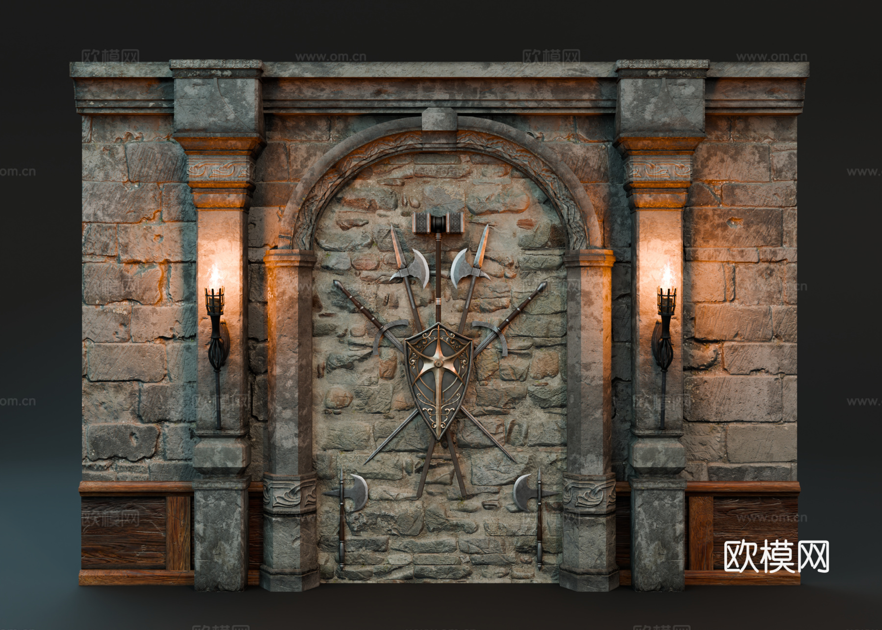 中世纪盾牌武器 中世纪墙饰 复古墙饰 欧式墙饰 火把壁灯su模型