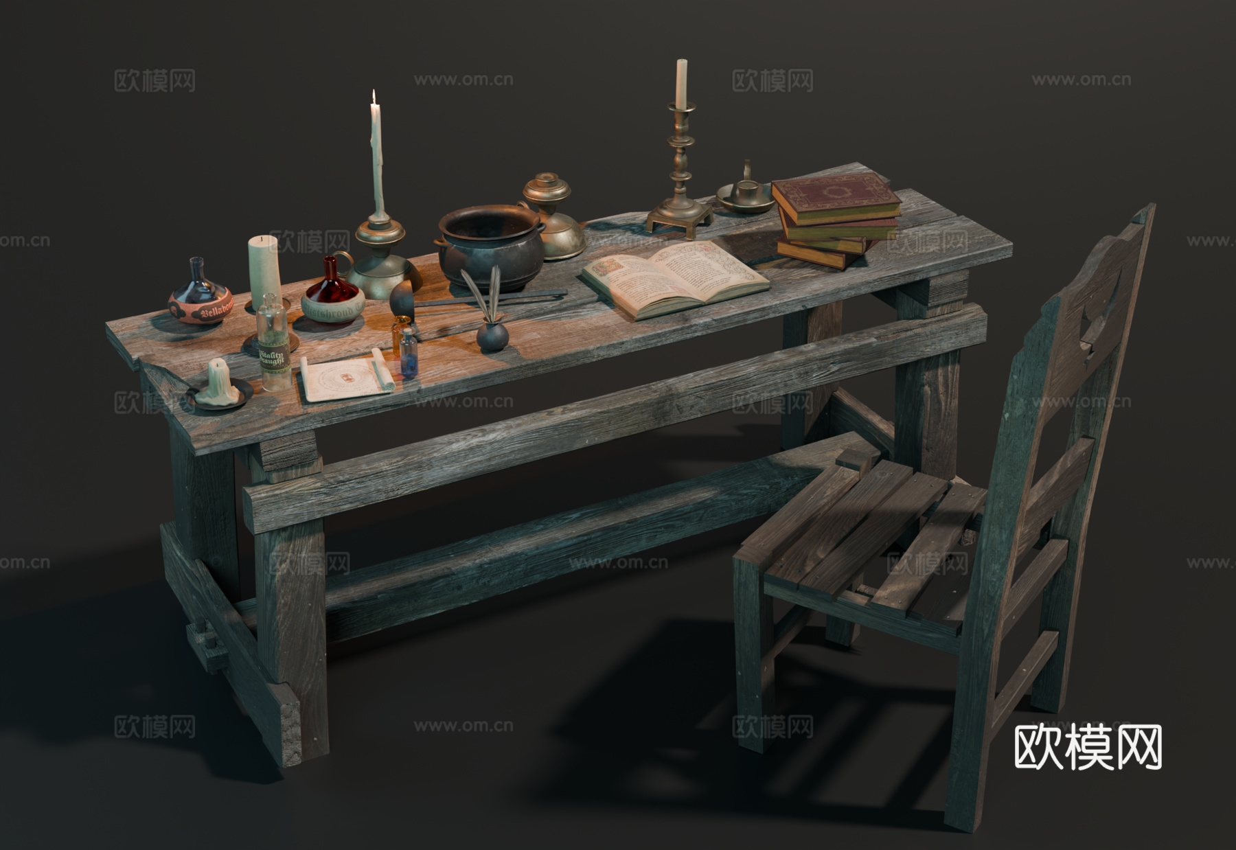 中世纪书桌 破旧书桌 复古办公桌 实木桌椅 中世纪办公桌用品su模型