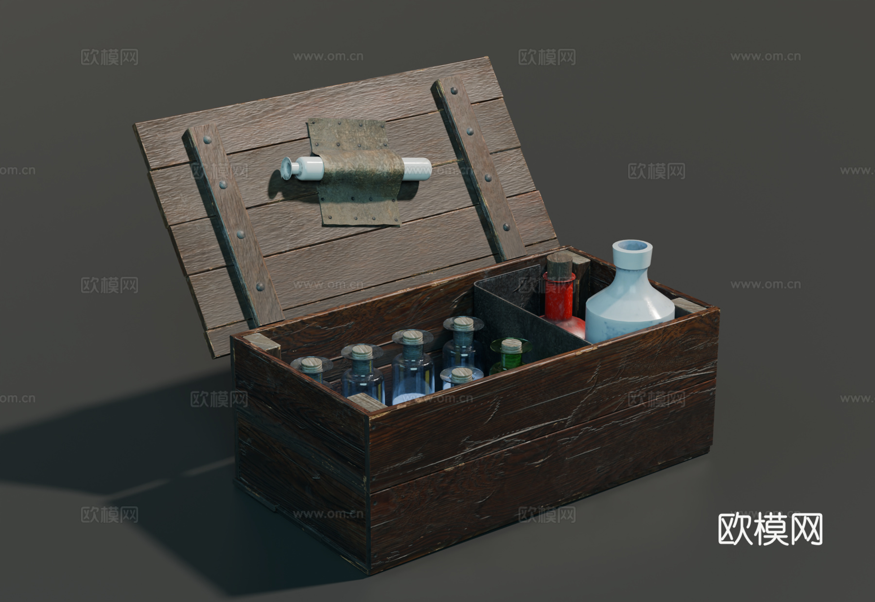 中世纪药箱 药箱 复古药箱 木箱 药瓶su模型