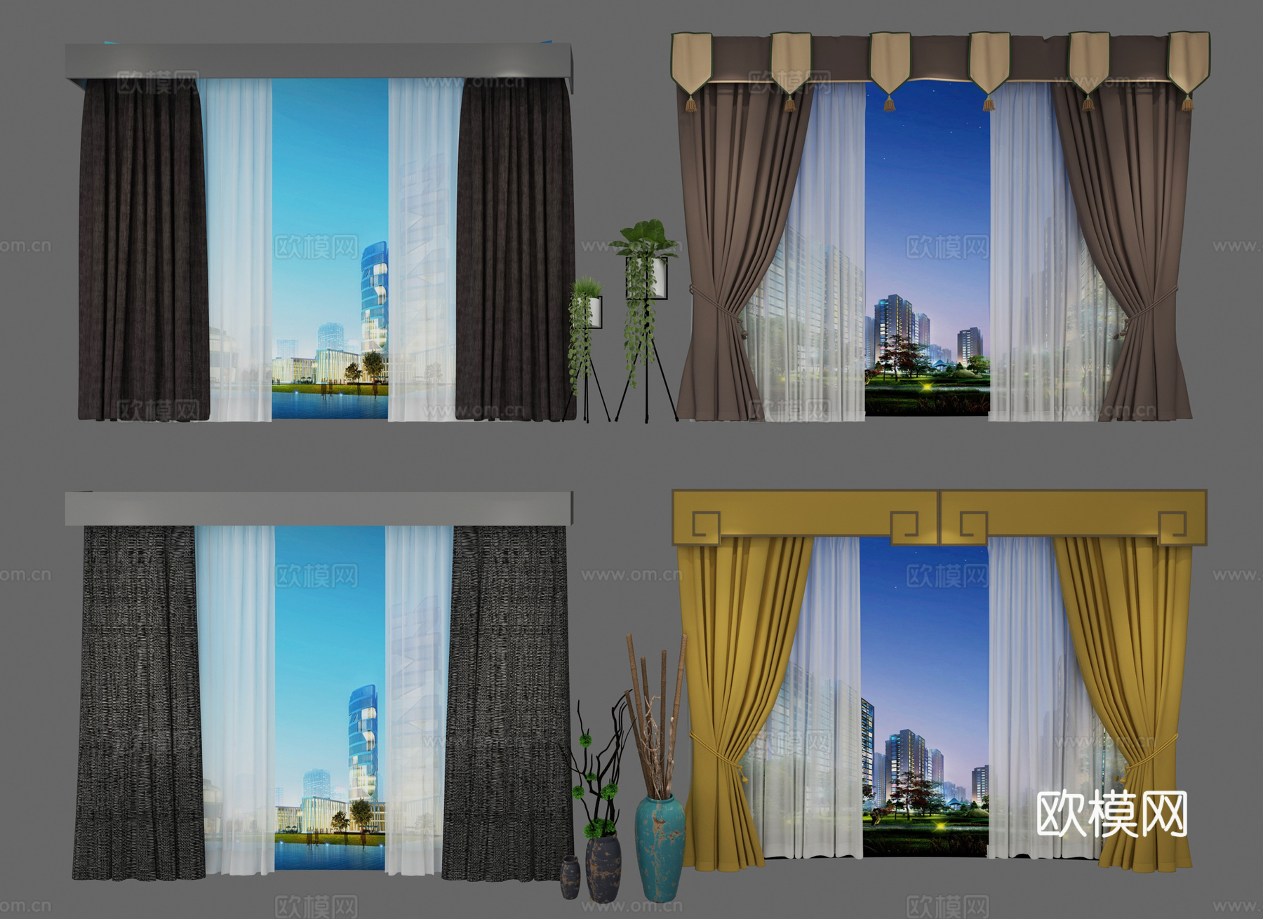 现代布艺窗帘组合3d模型下载（渲染图1）
