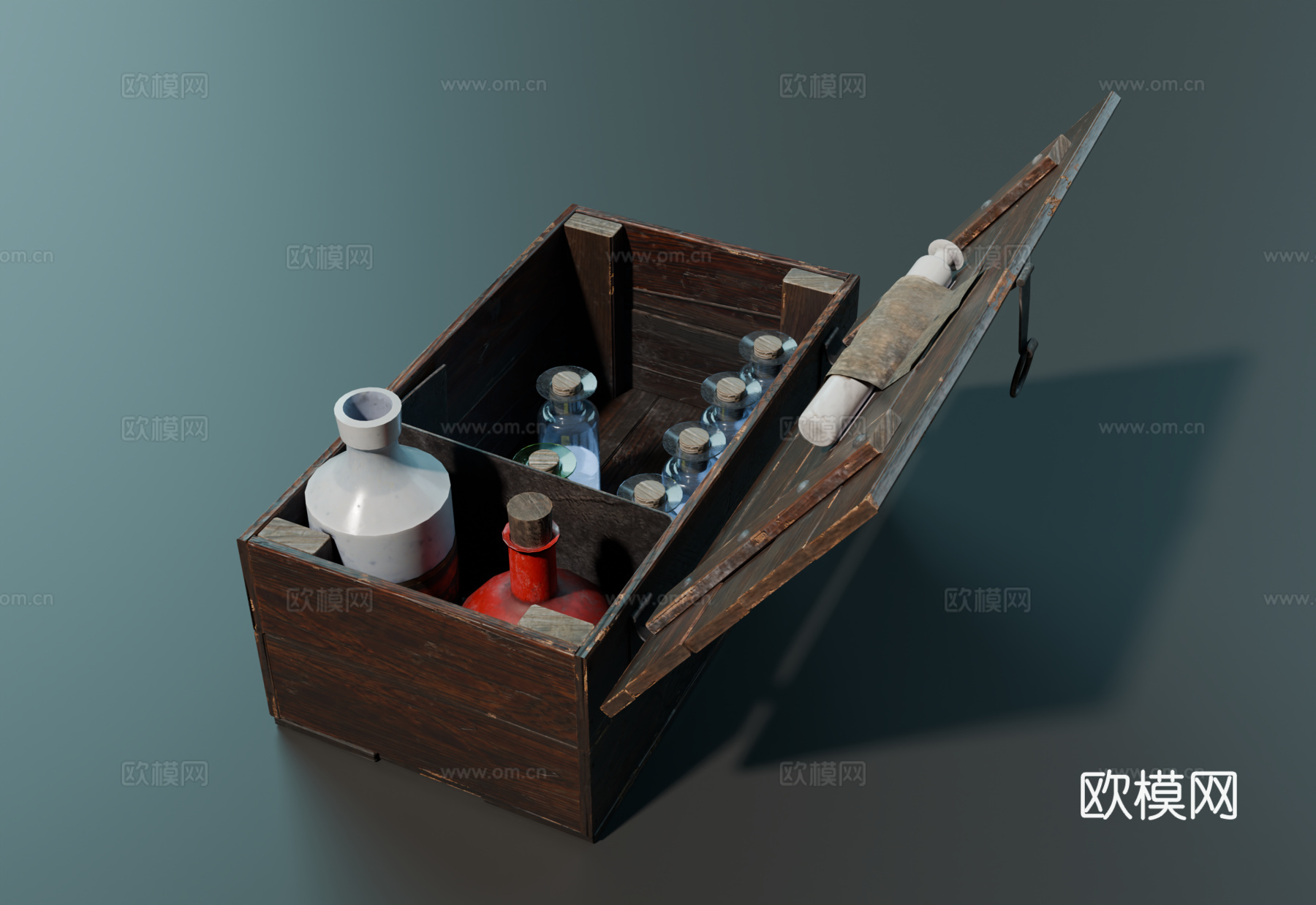 中世纪药箱 药箱 复古药箱 木箱 药瓶su模型