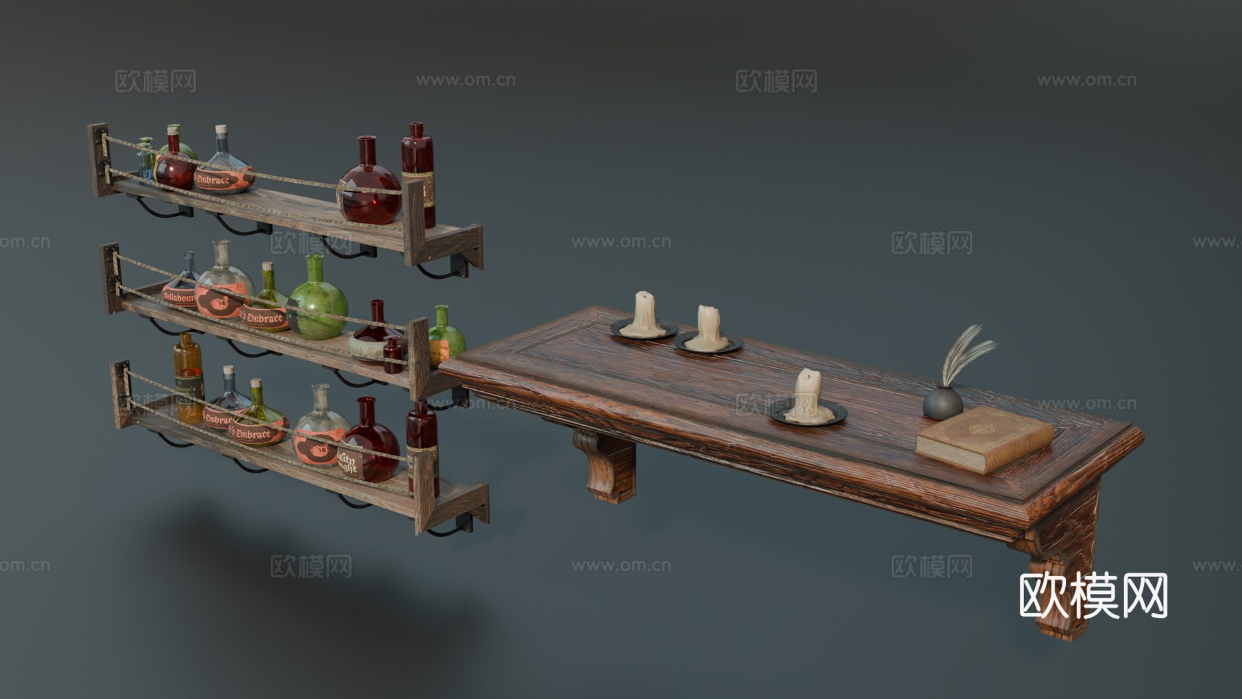 中世纪隔板 墙柜 墙架 多层墙架 药瓶su模型