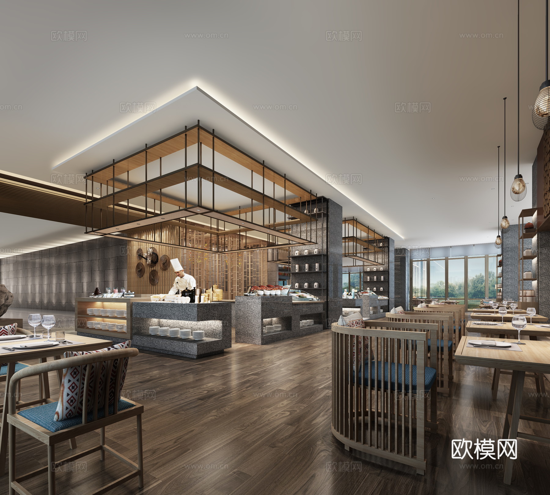 现代自助餐厅 酒店餐厅 卡座 桌椅 吊灯 餐台3D模型下载3d模型下载（渲染图2）