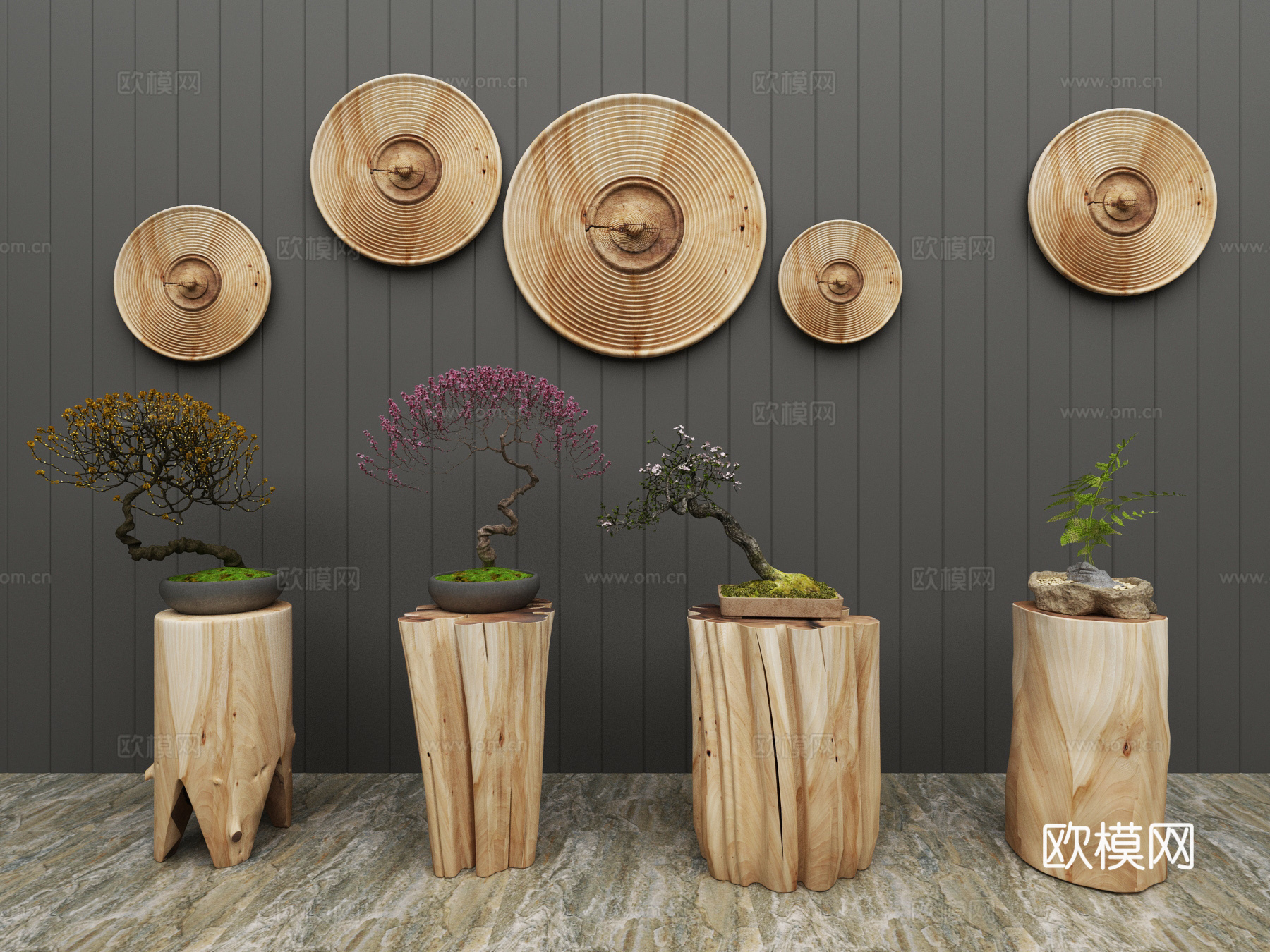 中式盆栽花艺墙饰摆件3d模型下载（渲染图1）