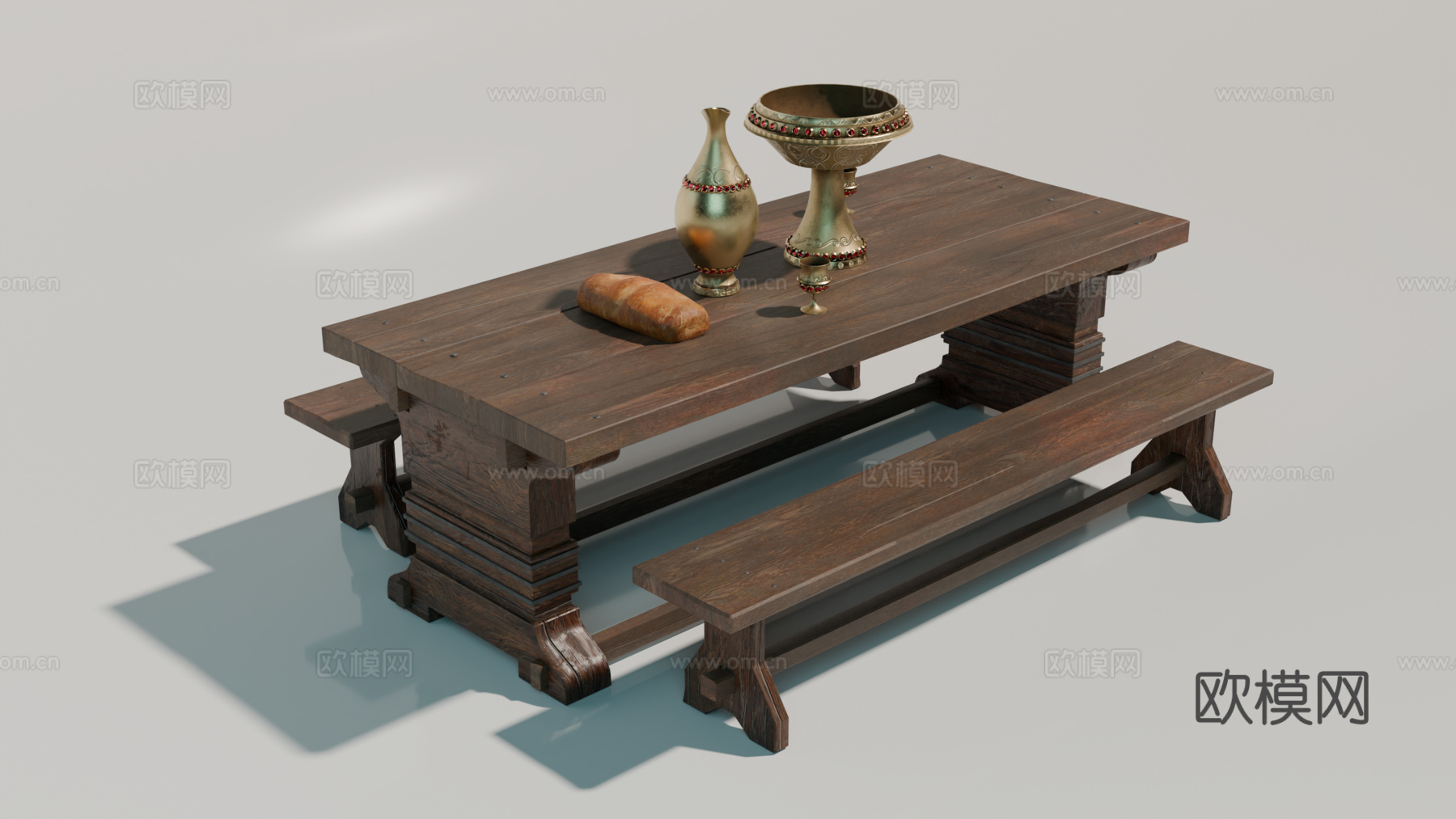 中世纪餐桌 欧式餐桌 长凳餐桌 原木餐桌su模型