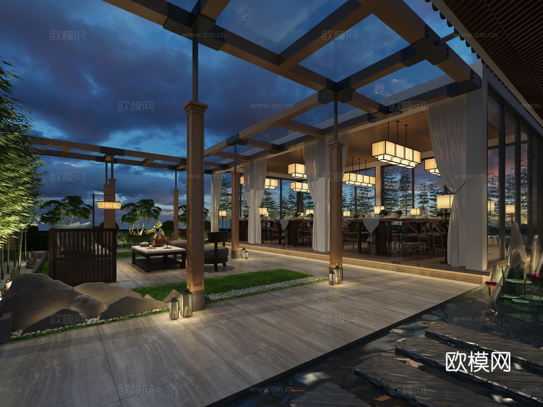 新中式餐厅 落地灯 沙发 椅子 隔断 竹子 地灯 吊灯 瓦片3d模型下载（渲染图1）