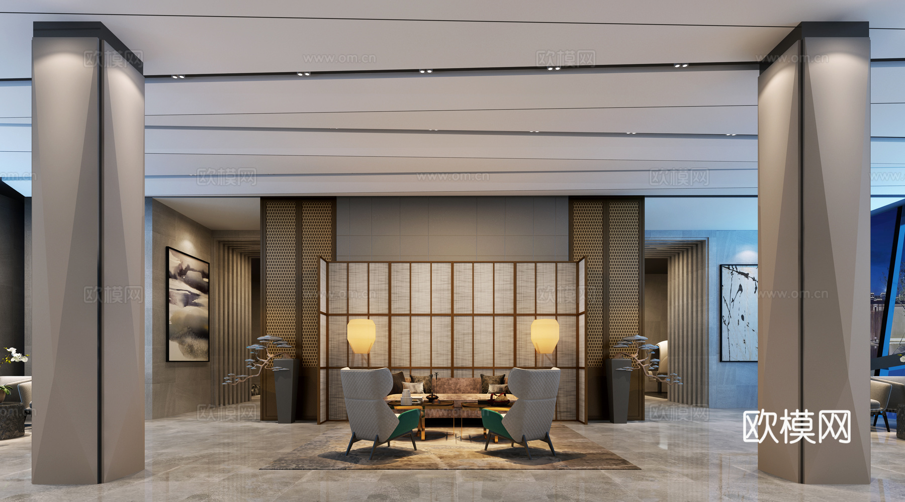 现代休闲吧 沙发茶几组合 吊灯 台灯3d模型下载（渲染图3）