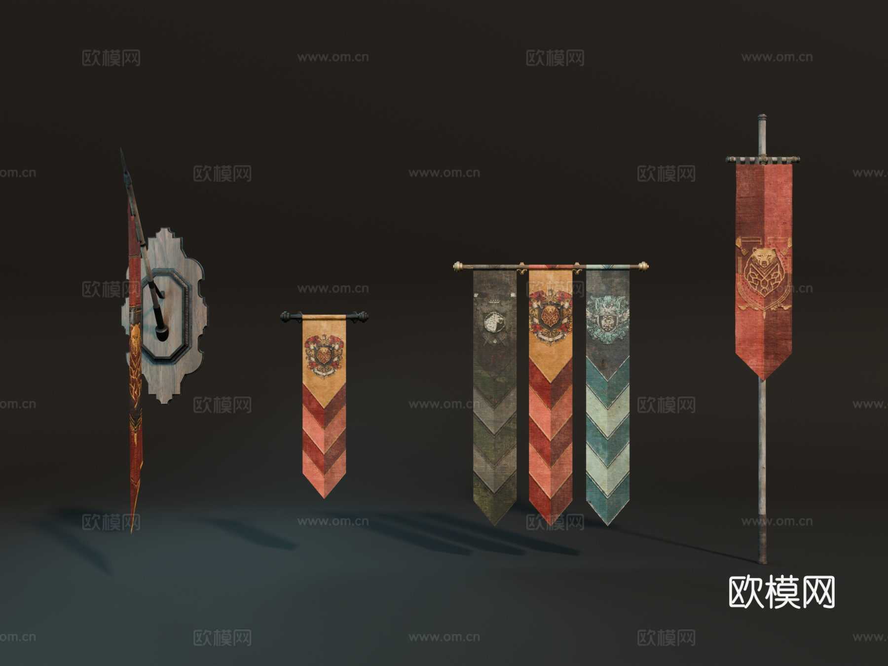 中世纪旗帜 复古旗帜 欧式旗帜 竖旗 西方古代旗子su模型