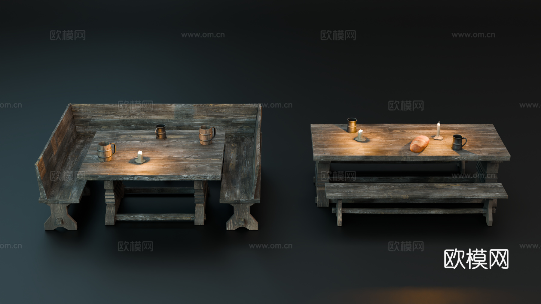 中世纪酒馆餐桌 多人餐桌 旅馆餐桌 复古餐桌 木桌长条凳长椅su模型